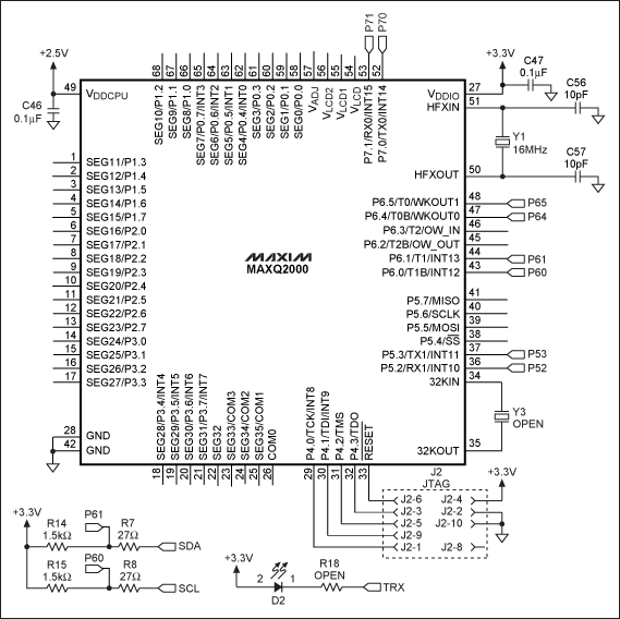 Figure 3. This schematic (based on the MAXQ2000 low-power LCD μC) depicts an I2C master capable of operating in Standard, Fast, or Hs mode.