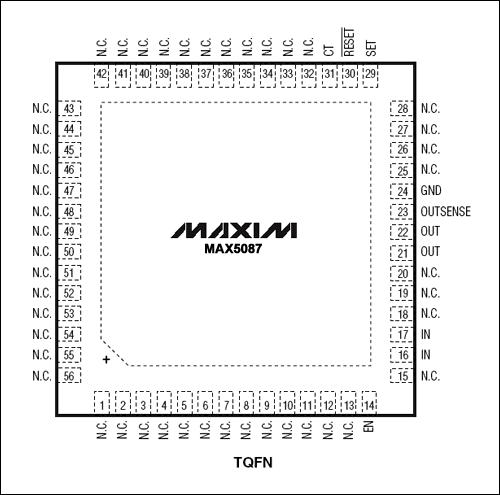 Figure 5. One package option for the MAX5087 linear regulator is a 56-pin QFN, which increases its maximum allowable power dissipation to 3.8W.