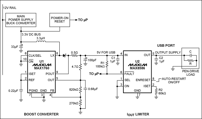 圖1。同時為5V的USB端口，該電路也限制在插入時刻峰值浪涌電流（在USB接口），并限制在500mA的工作電流所需要的端口。