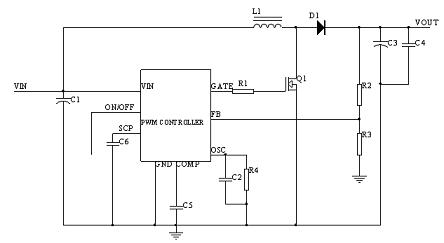 PWM Controller + MOSFET實現BOOST功能示意圖