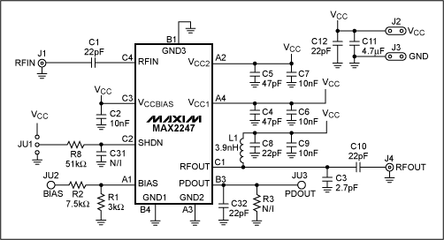 圖1. MAX2247的原理圖，為802.11g優化