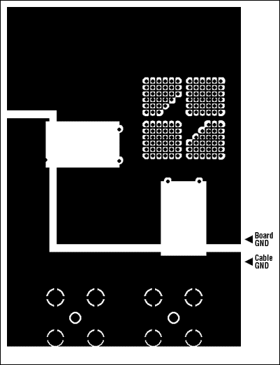 Figure 1-5. DS3151 Single-port, T3/E3 LIU ground plane {layer two} layout—no ground plane under the transformers.