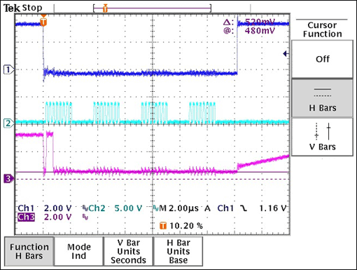 Figure 2. SPI readback shows ground shift. Ch1 = CS; Ch2 = CLK; Ch3 = SDO (data).