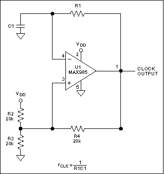 Figure 5. Analog-comparator oscillators produce an arbitrary output frequency of fOUT = 1/R1C1.