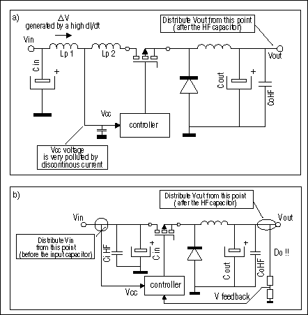 Figure 8. Unwanted common-impedance coupling (a) is prevented by the connections shown in (b).