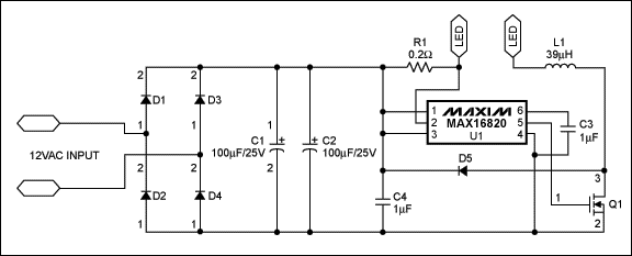 圖1. 采用MAX16820 LED驅動器構建的5W MR16 LED燈驅動電路，圖中LED為LedEngin的5W WLED。