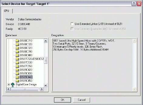 Figure 1. Selecting the device for a new Keil μVision2 project.