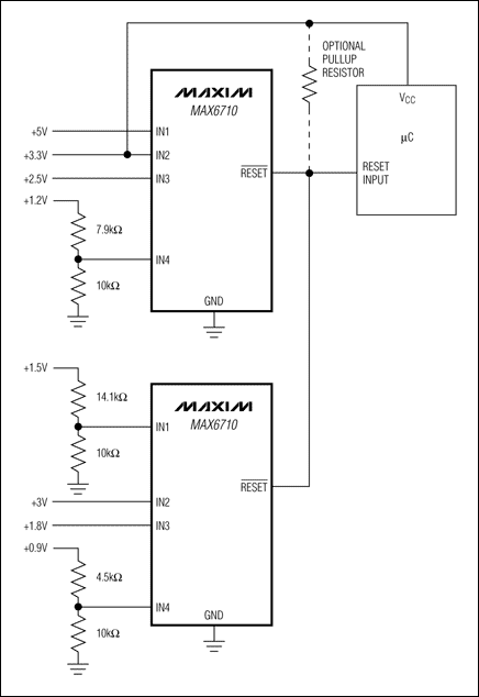 圖1. 利用兩片漏極開路輸出的多電壓監(jiān)控器監(jiān)控8路電壓，提供單個(gè)復(fù)位輸出。