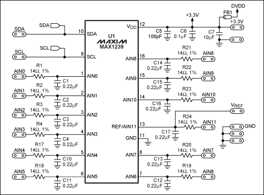 Figure 2. Modified MAX1238 EV kit schematic using a MAX1239.