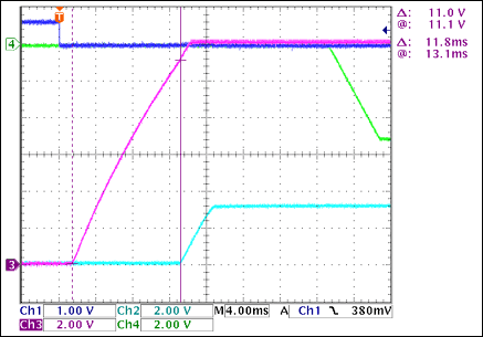 圖2. +12V至+3.3V接通延時，沒有負載Ch1 = Q8BASE(CARD_PRESENT), Ch2 = +3.3VOUT, Ch3 = +12VOUT, Ch4 = -5VOUT注釋：+12VOUT和+3.3VOUT之間有11.8ms延時。