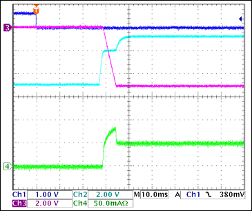 圖10. -5V接通波形，100Ω阻性負載 = 50mA Ch1 = Q8BASE, Ch2 = -5VGATE, Ch3 = -5VOUT, Ch4 = IIN(-5V) 注釋：-5V擺率大約為1V/ms。