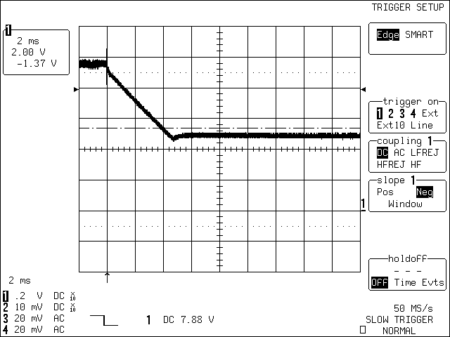 圖2. C1 = 470μF，充電電源移開時，4節電池開關模式電路的瞬態特性