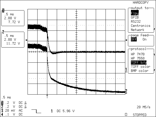 圖4. C1 = 22μF時，改進后的應用電路在移除充電電源后的瞬態波形