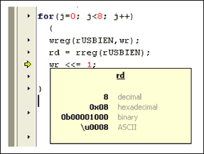 圖10. 采用MAXQ2000微控制器的Rowley CrossStudio開發工具，單步執行，檢查變量值。將光標指向“rd”，其數值會彈出。