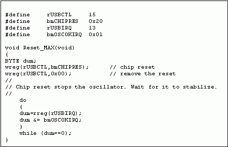 圖9. 復位MAX3420E，在結束前等待OSCOK的實例代碼。