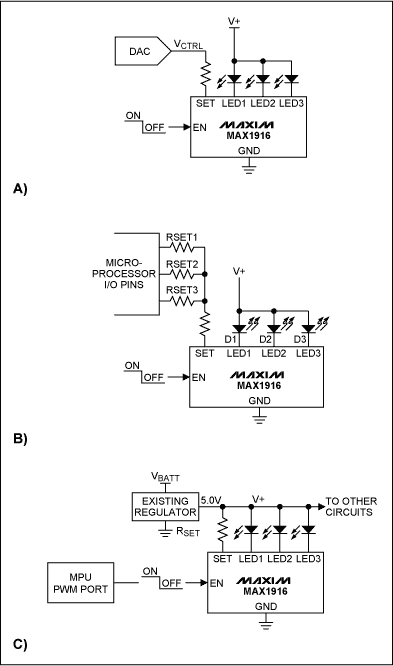 圖5. MAX1916驅動白光LED時的三種電流調節方法。