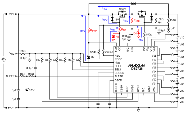 圖1. 對(duì)DS2726典型應(yīng)用電路進(jìn)行修改，使其在充電器反接時(shí)免于損壞。