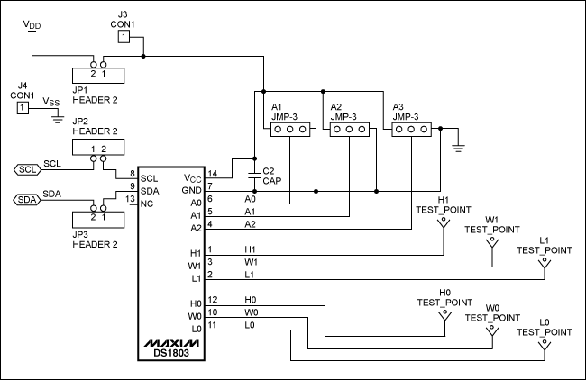 圖2. DS1803數(shù)字電位器與PIC控制器的連接