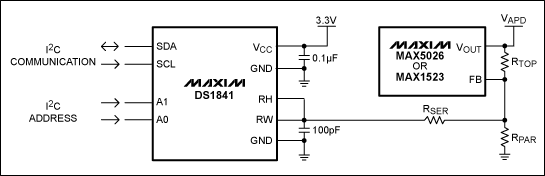 圖1. 利用DS1841和升壓型DC-DC轉換器(此處為MAX5026或MAX1523)構成的APD偏置電路