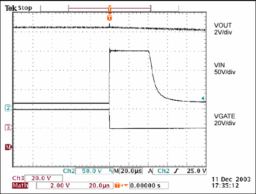 Figure 2. A 150V transient applied to VIN of the Figure 1 circuit has little effect on VOUT.