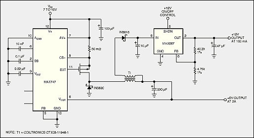 Figure 3. The buck regulator with coupled inductive flyback winding is the best choice for battery-powered systems. The configuration has low peak currents and low ripple in the output voltage.