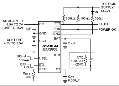 圖5. MAX8601鋰離子電池單機(jī)充電器的典型應(yīng)用電路圖