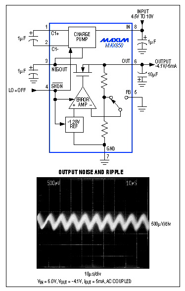 Figure 10. Intended for biasing efficient GaAsFET RF power amplifiers, this charge-pump voltage inverter includes a super-quiet linear regulator that limits output ripple and noise below 1mVp-p.