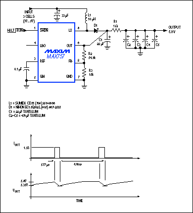 Figure 11. This circuit includes a large capacitive reservoir that supplies 1.5A transient loads in a GSM cellular telephone. The average load is only 200mA, so the 8-pin, surface-mount, boost-regulator IC requires no external MOSFET.