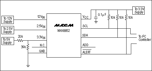 Figure 2. Circuit of Example 2. The same as Example 1, but the MAX6652 operates from a 3.3V supply, which necessitates attenuating the 5V supply so that it can be monitored at the 3.3VIN input.