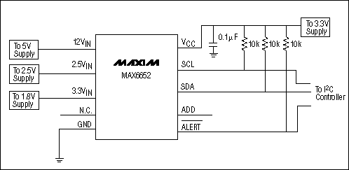 Figure 3. Circuit of Example 3. This circuit is used in a low-voltage system to monitor 5V, 3.3V, 2.5V, and 1.8V. The MAX6652 operates from a 3.3V supply. The 12VIN input monitors the 5V supply, and the 3.3VIN input monitors the 1.8V supply.