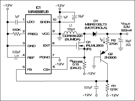 This PWM boost-controller IC provides relief to an overloaded 3.3V backplane supply by generating a supplemental 3.3V regulated output from the lightly loaded -12V rail of a VME, VXI, or PCI backplane.