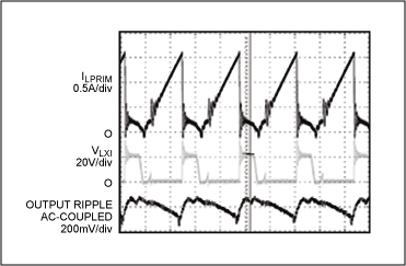 Figure 11. The switching waveform shows the transformer-based approach for the MAX668 circuit, a 150V step-up DC-DC converter shown in Figure 9.