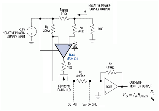 圖1. 這個(gè)電流檢測(cè)電路監(jiān)視負(fù)電源，并提供一個(gè)正比于負(fù)載電流的正輸出電壓