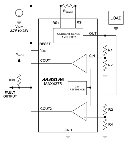 圖2b. 電流窗檢測電路(包括R1-R4，比較器和基準(zhǔn)源)，檢測開路/短路故障。