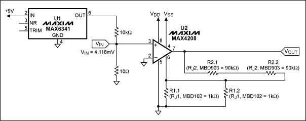 圖2. MAX4208配合外置rejustor實現360V/V增益