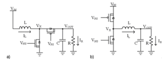 圖1：普通的基于電感的升壓(a)降壓(b開關調節器。