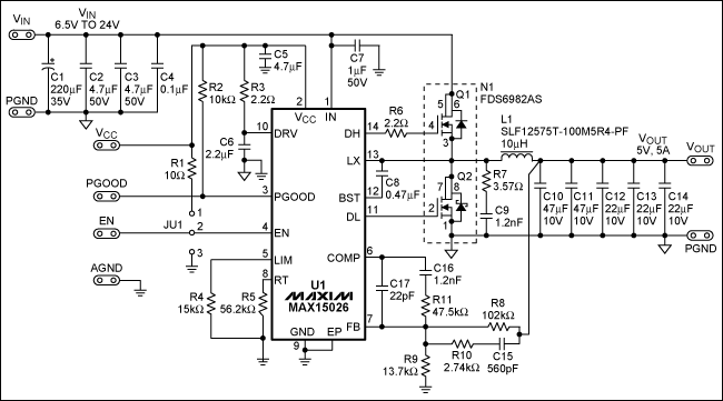 圖1. 同步整流降壓轉換器MAX15026在300kHz開關頻率下的電路圖