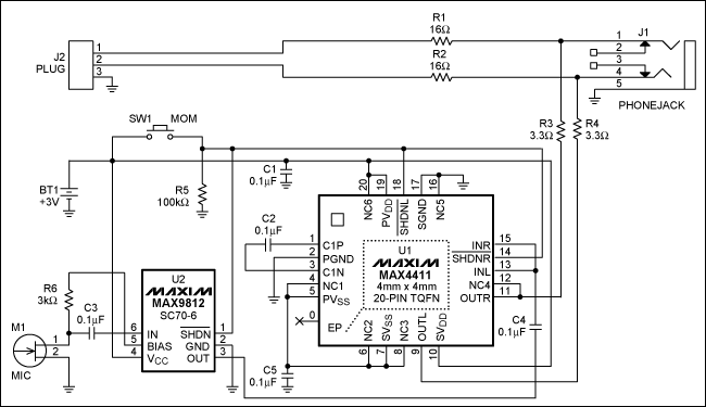 圖1. 該耳機(jī)衰減器/放大器具有麥克風(fēng)監(jiān)測(cè)功能，能夠在戴耳機(jī)的時(shí)候方便對(duì)話。