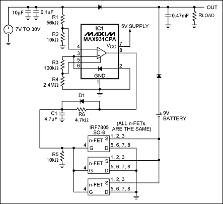 圖1. IC1 MAX931比較器用于監(jiān)測(cè)主電源電壓。當(dāng)主電源電壓下降到7.4V以下時(shí)，它可以通過將電池負(fù)端接地接通備用電池。