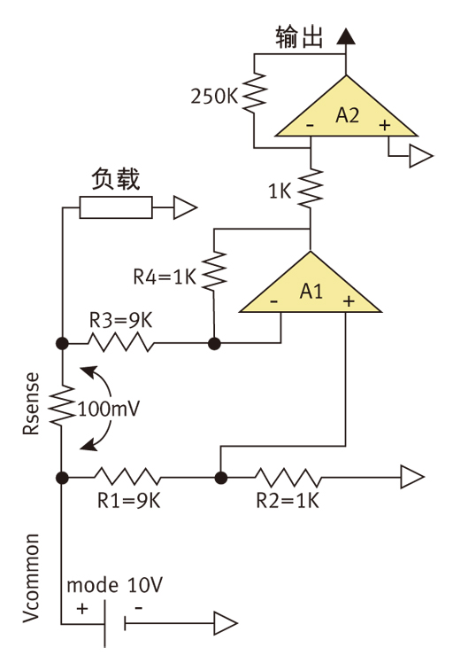 圖3：實(shí)現(xiàn)傳統(tǒng)高邊電流檢測(cè)的電路。