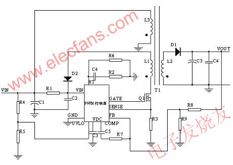 PWM controller + MOSFET實現(xiàn)FLYBACK 示意圖 www.1cnz.cn