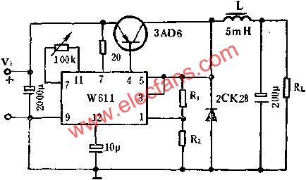 W611組成自激式開關(guān)穩(wěn)壓電路圖  www.1cnz.cn