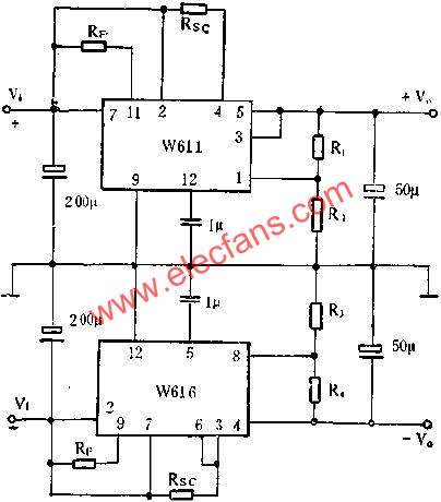 W611、w616組成正、負(fù)穩(wěn)壓電路圖  www.1cnz.cn