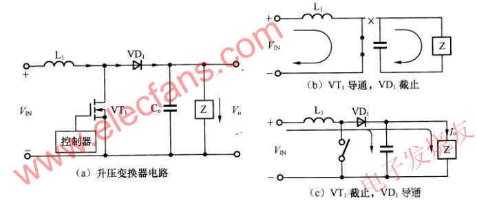 電感升壓變換器基本電路及其工作原理圖 www.1cnz.cn