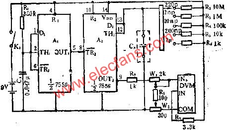 CC7556雙定時(shí)器在數(shù)字電容表中的應(yīng)用電路圖  www.1cnz.cn