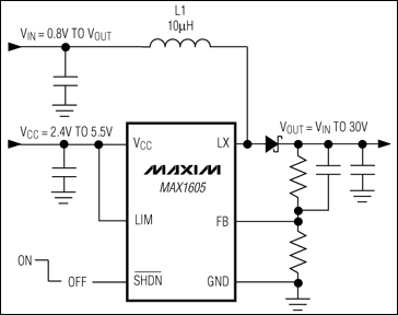 MAX1605內(nèi)置30V開關(guān)的LCD偏置電源的應(yīng)用電路 www.1cnz.cn