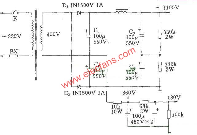 電子管功放的高壓倍壓電路圖  www.1cnz.cn