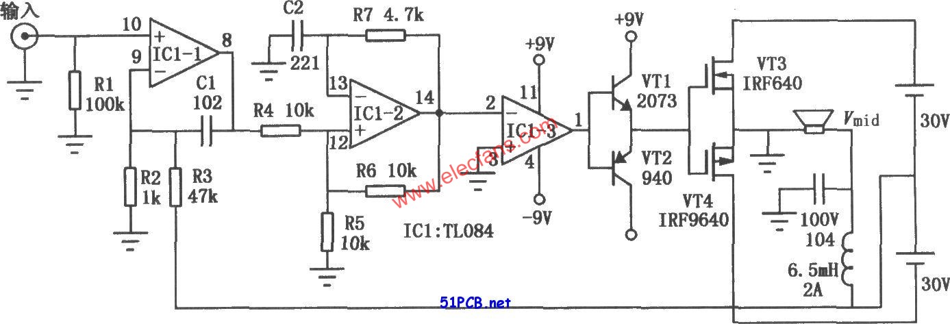 實用數字功放(TL084)電路圖  www.1cnz.cn