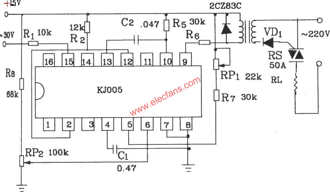 KJ005可控硅移相觸發器外電路接線圖  www.1cnz.cn