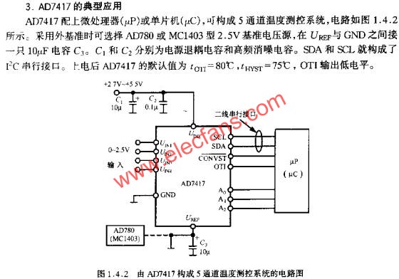 由AD7417構成5通道溫度測控系統的電路圖